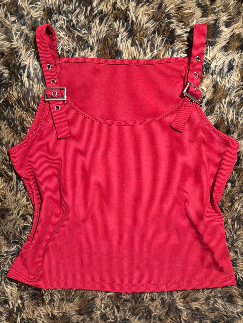 Adjustable Strap Ribbed Cropped Tank Top - Red
